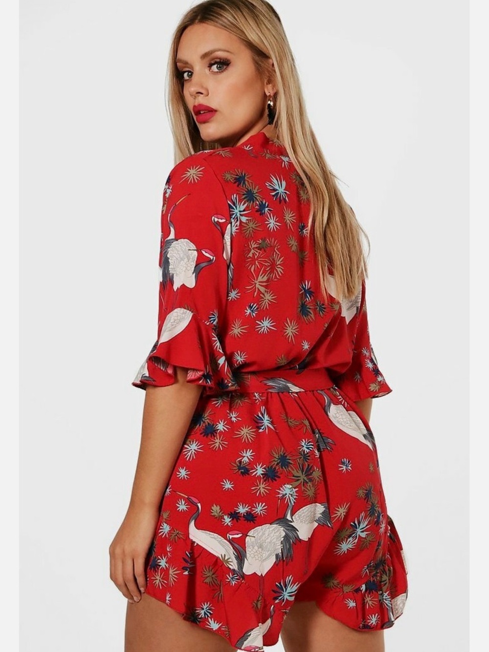 Boohoo Red Crane-Print Satin Romper